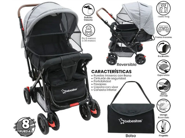 COCHE P/BEBE BEBESITOS BOSTON5N GRIS/NEGRO