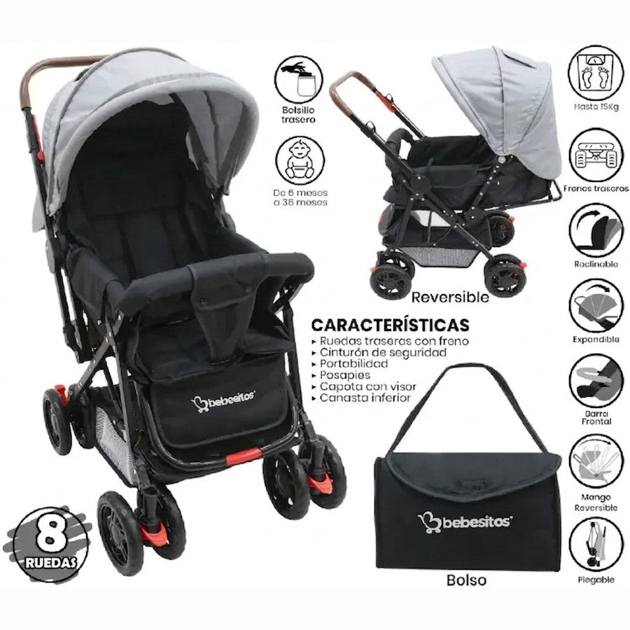 COCHE P/BEBE BEBESITOS BOSTON5N GRIS/NEGRO