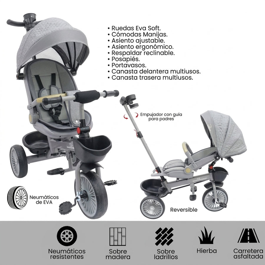 TRICICLO PARA NIÑO GRIS BEBESITOS EML 1026