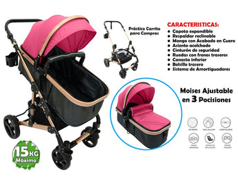 COCHE PARA BEBE ROSADO/NEGRO MILAN2