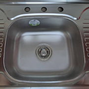 FREGADERO MADERA FRENTE CEDRO TABLERO ACERO INOX.
