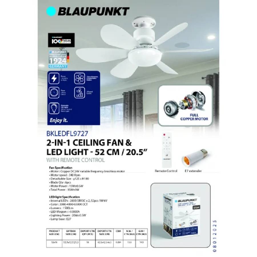 VENTILADOR TECHO BLAUPUNKT BKLEDFL9727 C/LUZ LED 2EN1